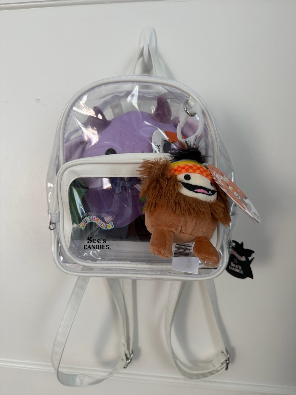 See’s candies/squishmallows Kids Backpack with Purple Plush and Brown Fuzzy Keyc